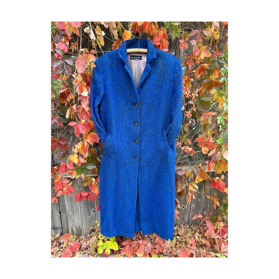 80s Blue Wool Mohair Coat Trench Longline Satin Lined Single Breast Sz 12 - Etsy | Etsy (US)