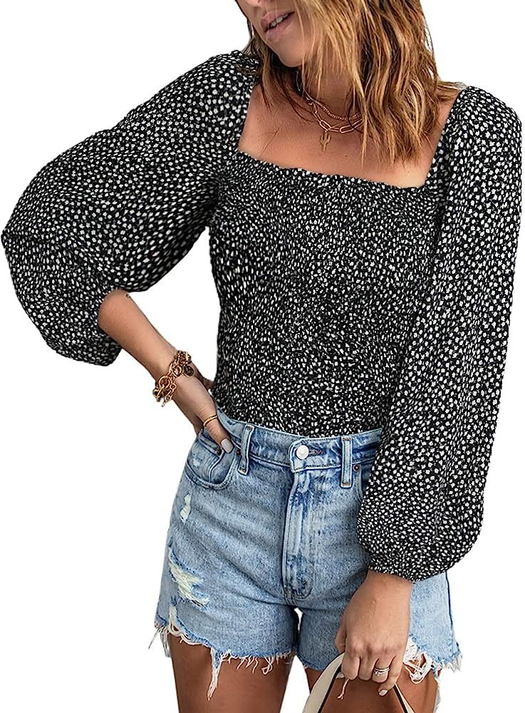 BTFBM Women's Casual Long Sleeve Off The Shoulder Shirts Tops Square Neck Slim Fit Floral Print S... | Amazon (US)