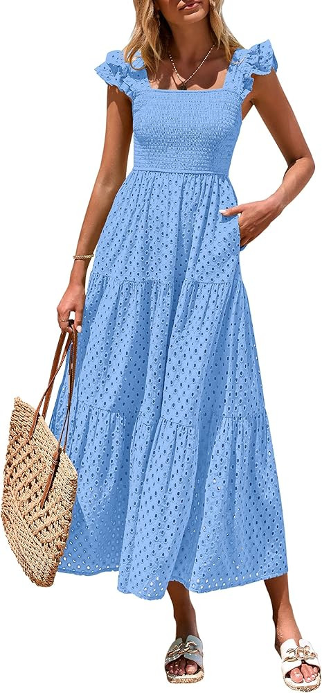 PRETTYGARDEN Womens Summer Square Neck Maxi Dresses Cap Sleeve Eyelet Smocked Tiered A Line Flowy... | Amazon (US)