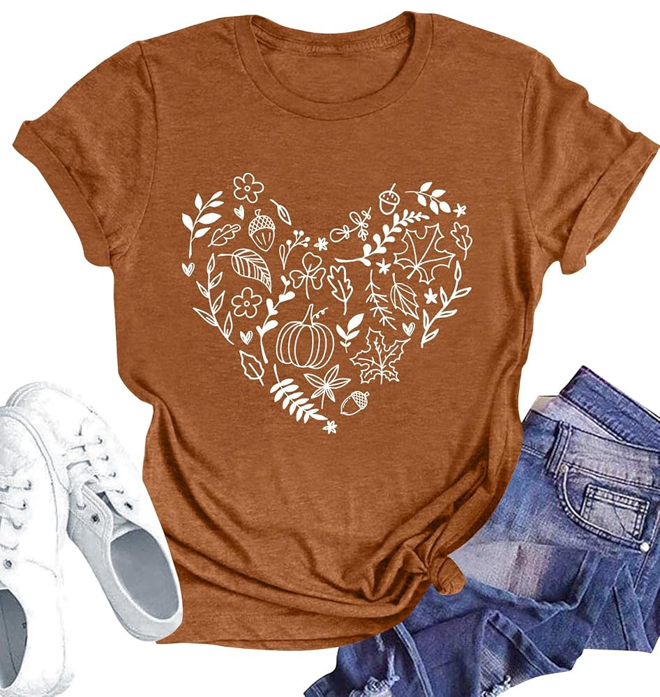 PECHAR Fall Heart Shirts for Women Pumpkin Spice Shirt Autumn Thanksgiving Graphic T Shirts Short... | Amazon (US)