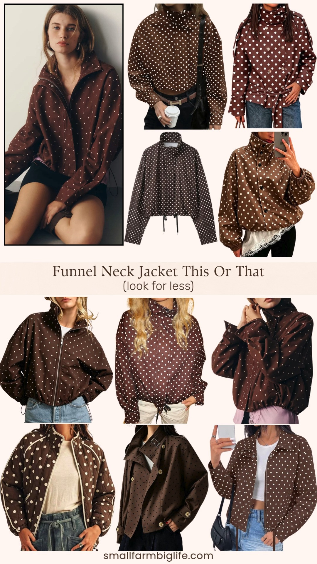 This brown and white polka dot funnel neck jacket from Anthropologie is so cute but the $168 price tag had me searching Amazon for a look for less, and I found more than one.

The closest match is this Amazon funnel neck jacket with the same drawstring hem and cropped fit for $48, plus this quilted funnel neck version with contrast piping for $43.

For more polka dot options in the same brown and white print: a lightweight zip up cropped jacket for $40, a trendy cropped jacket with pockets for $35, a bubble hem oversized windbreaker for $47, and a turtleneck zipper jacket with a drawstring hem for $44.

There is also a stand collar bomber style for $38, a short trench coat with a turtleneck and drop shoulder for $43, and a stand collar cropped coat for $30.

For a dressier take, this double breasted short trench coat with a belt and stand collar is $56 and gives similar polished vibes.

Splurge or save, which one would you pick?

#funnelneckjacket #polkadotjacket #amazonfashionfinds #falljackets #lookforless 

 #LTKgrwm #LTKootd #LTKOver40