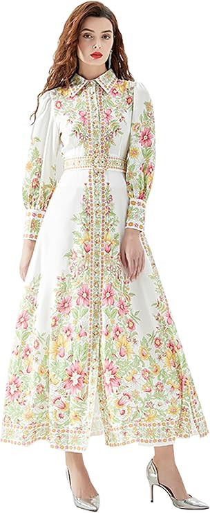 LAI MENG FIVE CATS Women's Vintage Floral Print Belt Maxi Dress Flowy Casual Button Up Split Long... | Amazon (US)