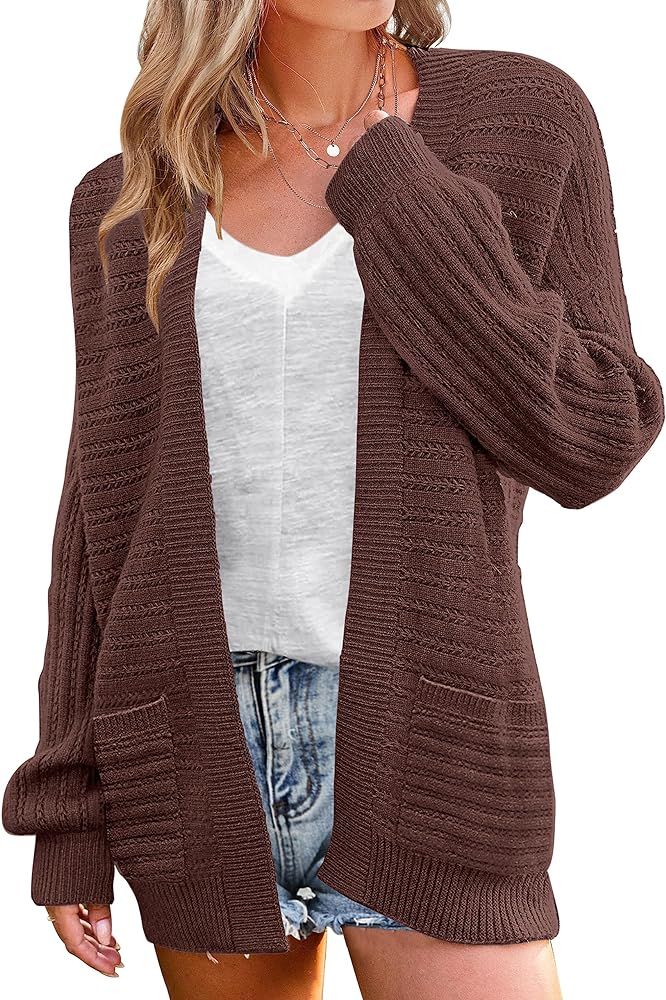 MEROKEETY Women's Puff Long Sleeve Cable Knit Cardigan Sweaters Open Front Outwear with Pockets | Amazon (US)