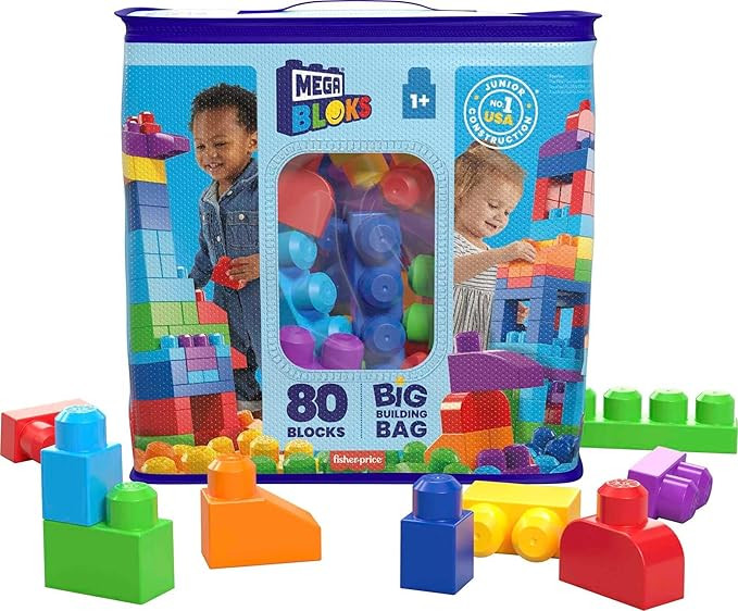 MEGA BLOKS First Builders Toddler Blocks Toys Set, Big Building Bag with 80 Pieces and Storage, B... | Amazon (US)