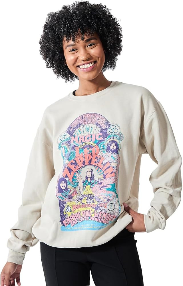 Bioworld Led Zeppelin Electric Magic Distressed Poster Art Women’s Sand Crew Neck Long Sleeve S... | Amazon (US)