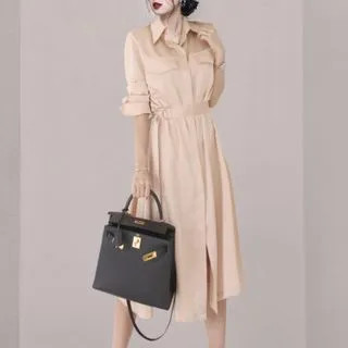 Long-Sleeve Buckled Midi A-Line Shirt Dress | YesStyle Global