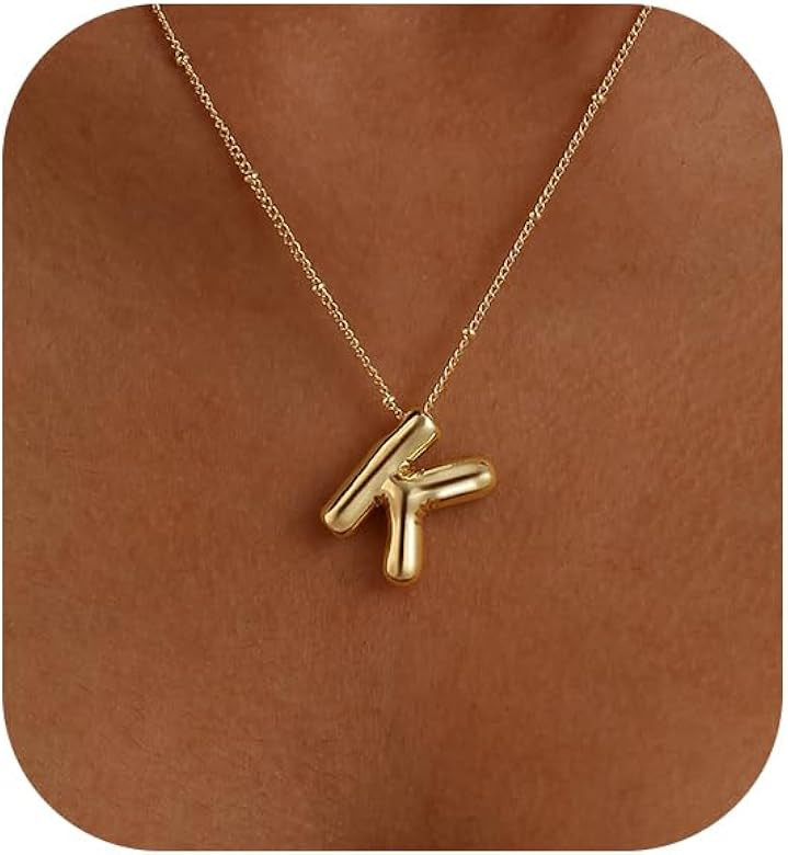 Gold Bubble Letter Necklace for Women, 14k Gold Plated Balloon Initial Letter Pendant Necklace Da... | Amazon (US)