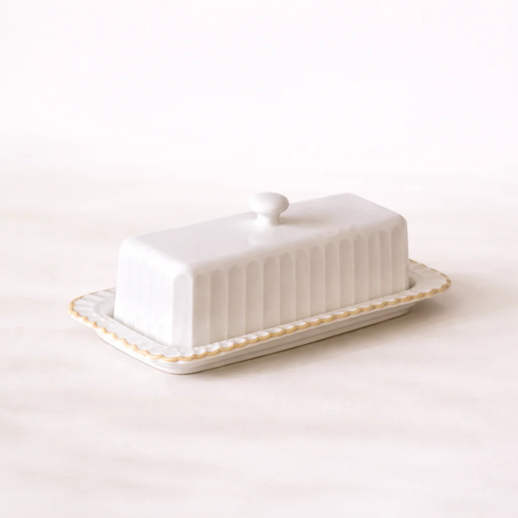 White Ceramic Striped Butter Dish | By Luxe B Co. | luxe bCO