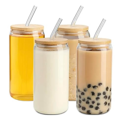 Generic 4 Pack Reusable Set Clear Sublimation Glass Cups Blanks with Bamboo Lid and straw 16 OZ Clear Glass Beer Cans Mason Jar for Iced Coffee, Juice, Soda, Wine, Boba, Cocktails, CLR11324 | Amazon (US)