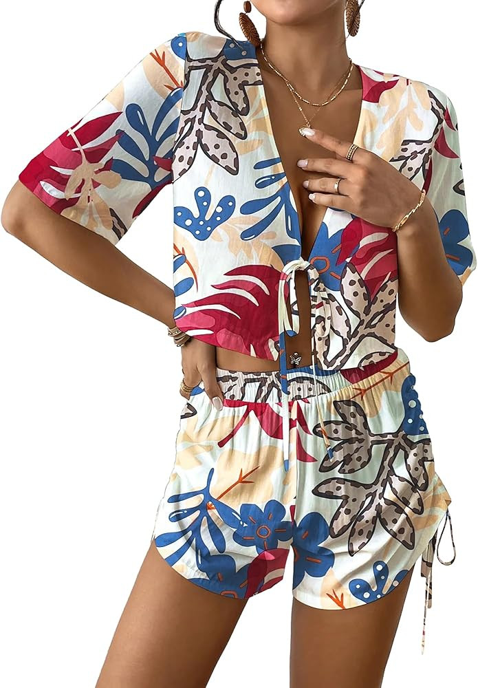 Bsubseach 2 Piece Set for Women Hawaiian Shirts Shorts Swimsuit Coverup Summer Beach Kimono Cruis... | Amazon (US)
