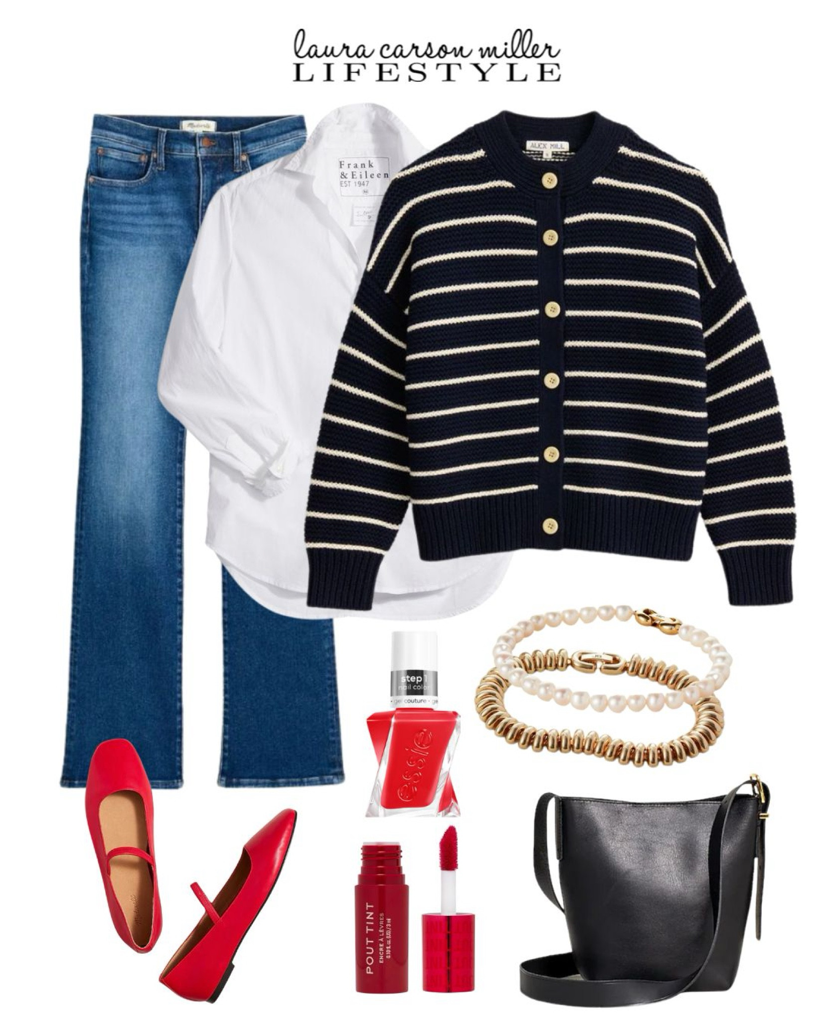 Layer up as we head into spring. 
Laura Carson Miller, striped cardigan, layers, work outfit, vacation outfit, concert outfit, date night, red nails, rep lips, pearl bracelet, gold bracelet,  alley flats, red shoes, spring, between seasons, outfit ideas, travell

#LTKMidsize #LTKWorkwear #LTKTravel