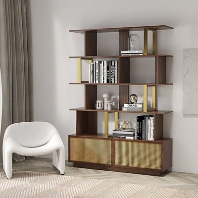 5-Tier Walnut Wood Bookshelf with 2 Doors Modern Bookcase in Gold Finish-Homary | Homary