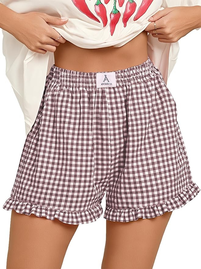 ANRABESS Womens Ruffle Boxer Shorts Pajama Gingham Shorts Summer Casual Lounge Sleep Plaid Beach ... | Amazon (US)