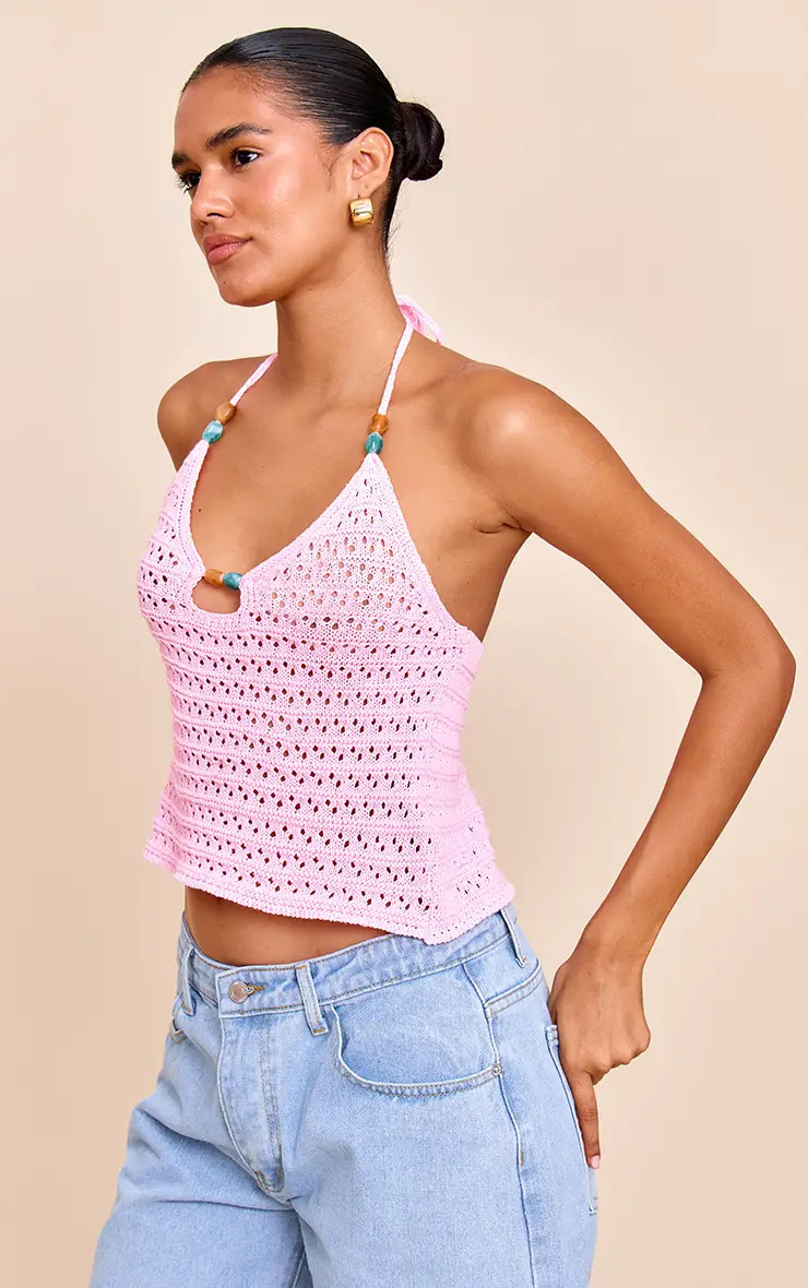 Tops | Pink Crochet Bead Detail Halter Top | PrettyLittleThing | PrettyLittleThing US