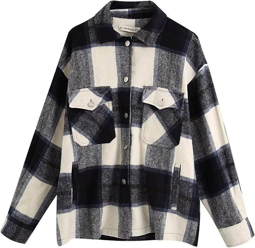 Yimoon Women's Casual Loose Checked Color Block Button Down Jacket with Pockets | Amazon (US)