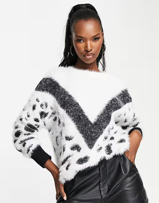 QED London fluffy knit chevron animal print jumper in white | ASOS | ASOS (Global)