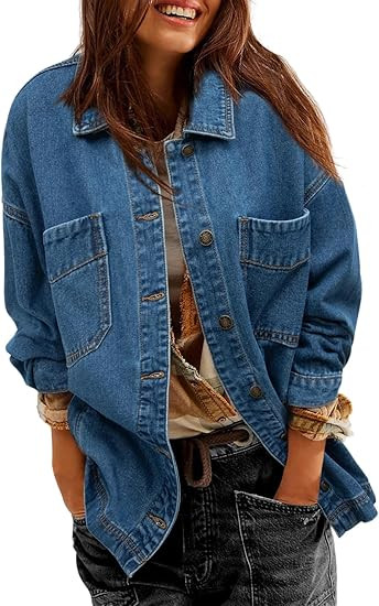 Sidefeel Women's Jean Jacket Oversized Boyfriend Button Up Long Sleeve Split Zimbaplatinum Denim ... | Amazon (US)