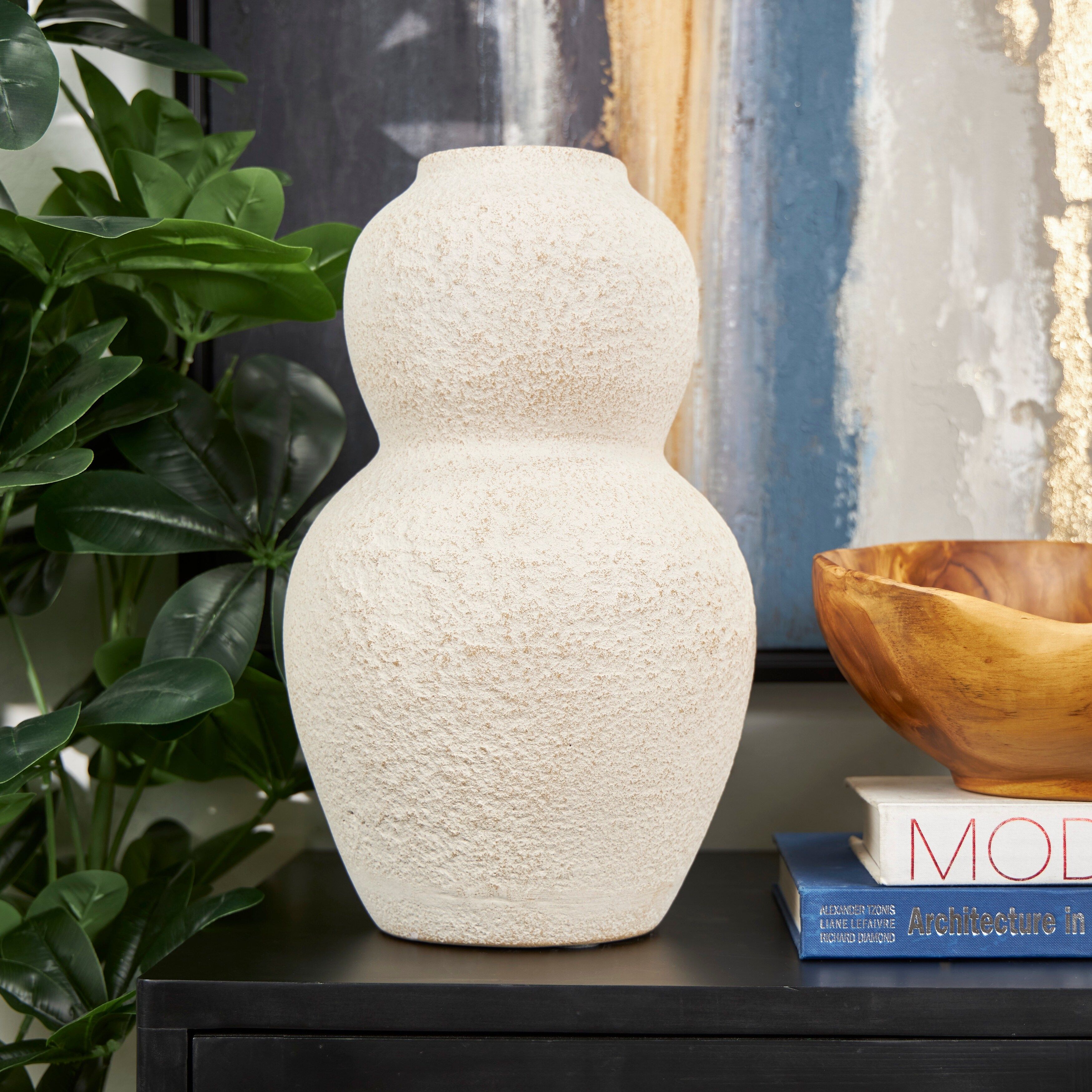 Studio 350 Cream Ceramic Hourglass Textured Vase with Brown Distressing 9" x 9" x 15" | Walmart (US)