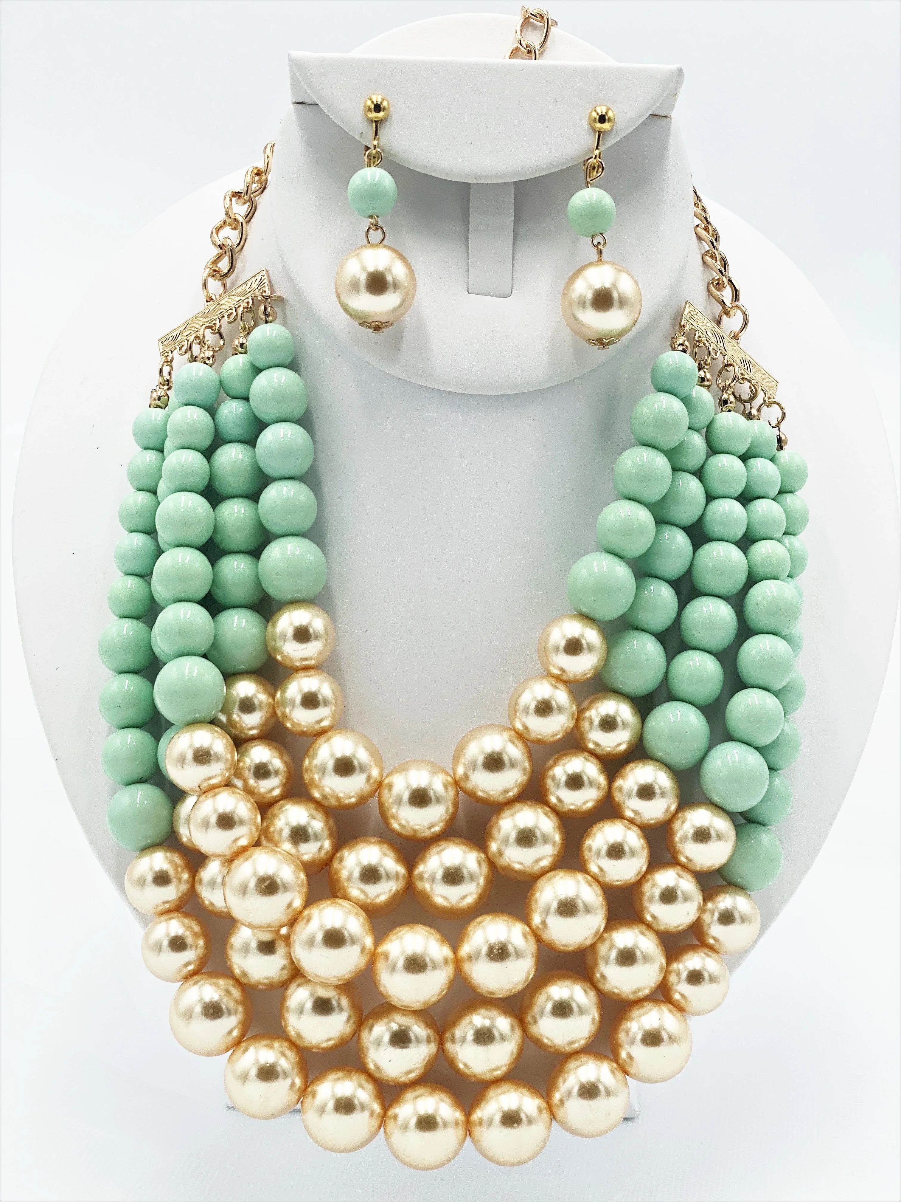 Clip on multi strand gold, turquoise, and beige pearl necklace set | Walmart (US)