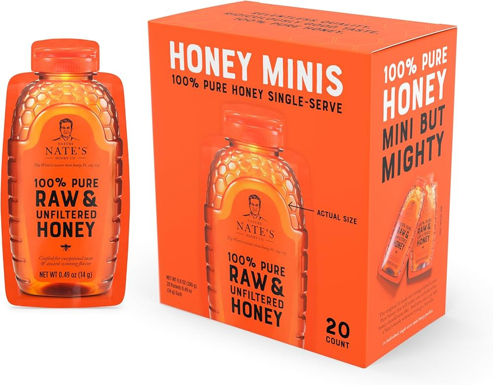 Nate's Honey Minis - Single-Serve 100% Pure, Raw & Unfiltered Honey – 0.49oz Packets, 20ct box | Amazon (US)