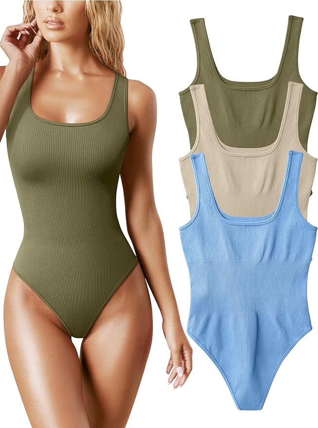 OQQ Women's 3 Piece Bodysuits Sexy Ribbed Sleeveless Square Neck Sleeveless Tank Tops Bodysuits | Amazon (US)