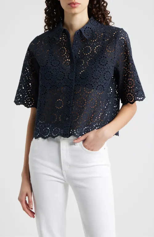 FRAME The Petal Eyelet Crop Shirt in Navy at Nordstrom, Size Medium | Nordstrom