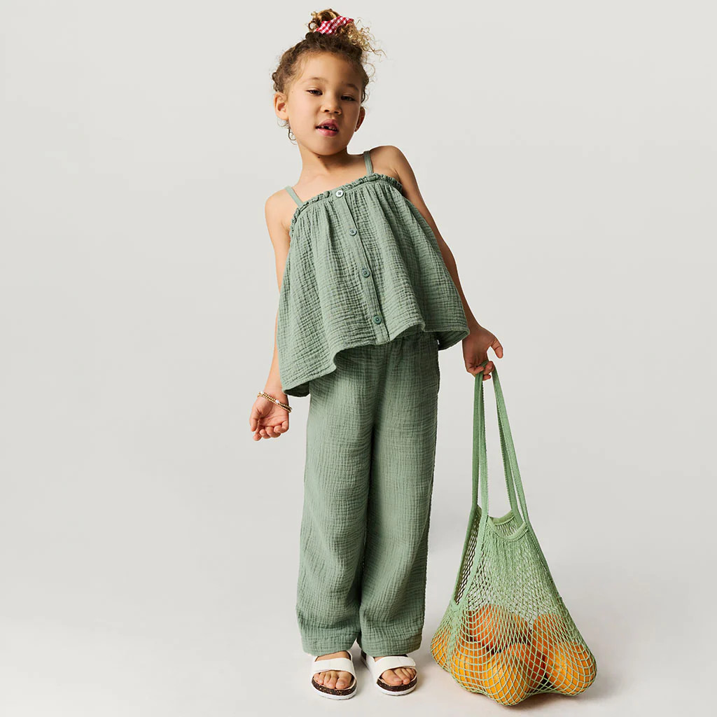 Solids Green Long Soft Jade Cotton Crinkle Paperbag Pants | Posh Peanut\u00ae | Posh Peanut