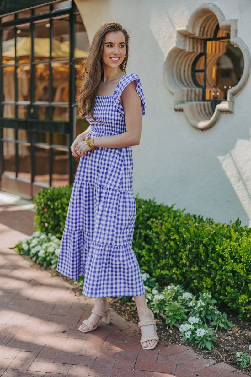 BuddyLove | Brynn Ruffle Shoulder Midi Dress | Purple Checker | BuddyLove