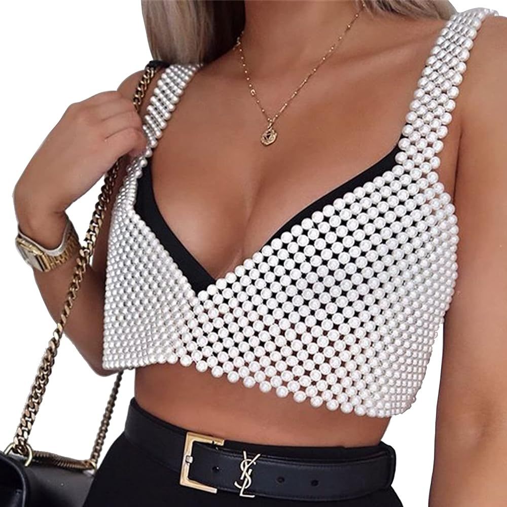 Ypser Women Sexy Pearls Beaded Crop Top Spaghetti Pearl Tank Top Cover Up Top Party Vest | Amazon (US)
