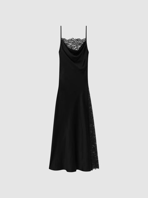 Anna Quan Satin Lace Cowl Neck Maxi Dress in Black | Reiss US