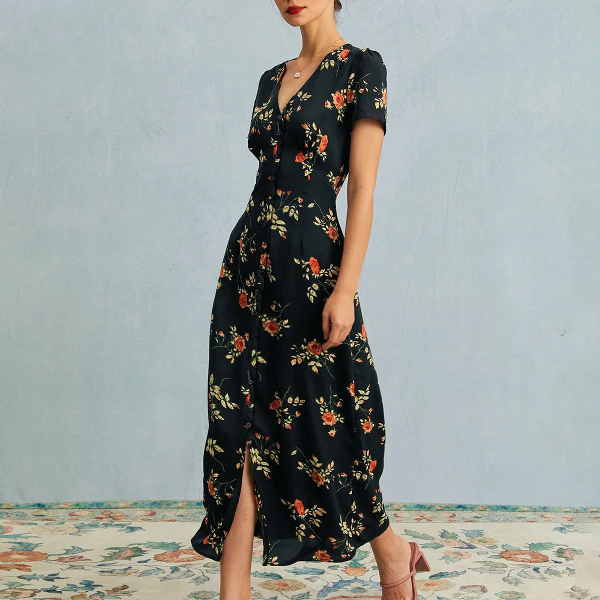 The Black V Neck Floral Short Sleeve Maxi Dress - Short Sleeve Day&Evening Casual Maxi Dress - Bl... | rihoas.com