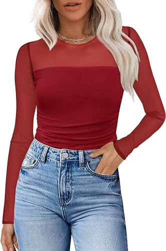 XIEERDUO Red Long Sleeve Shirt for Women Sexy Mesh Sleeve Going Out Tops for Women Crew Neck Ruched Shirts Night Out Outfits S | Amazon (US)