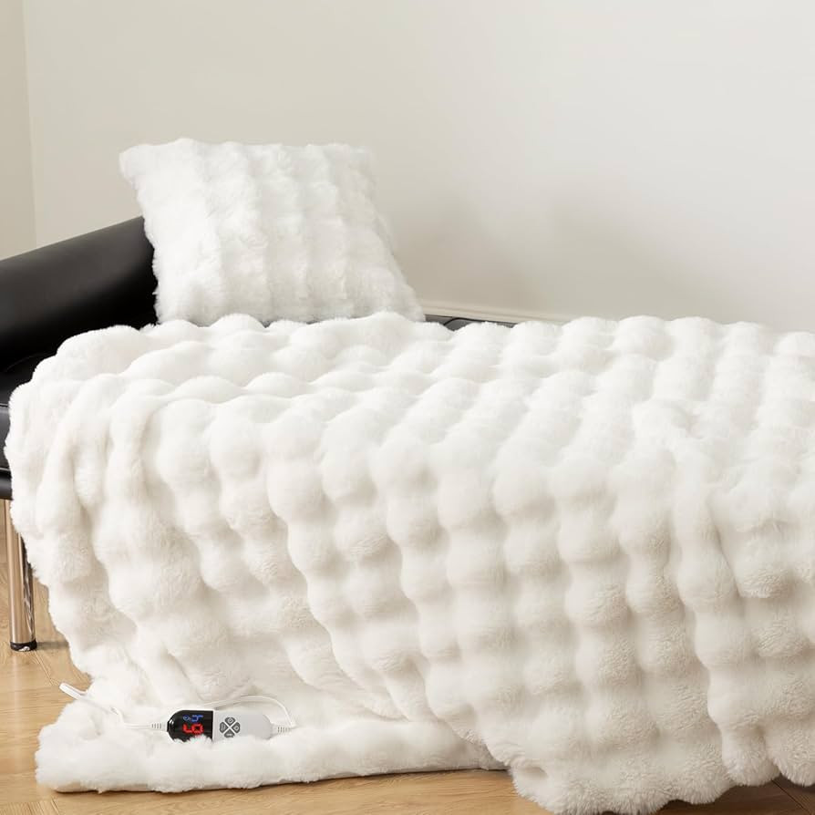 Faux Fur Heated Blanket Throw White - Luxury Fluffy Rabbit Bubble Electric Blanket with 6 Heating... | Amazon (US)