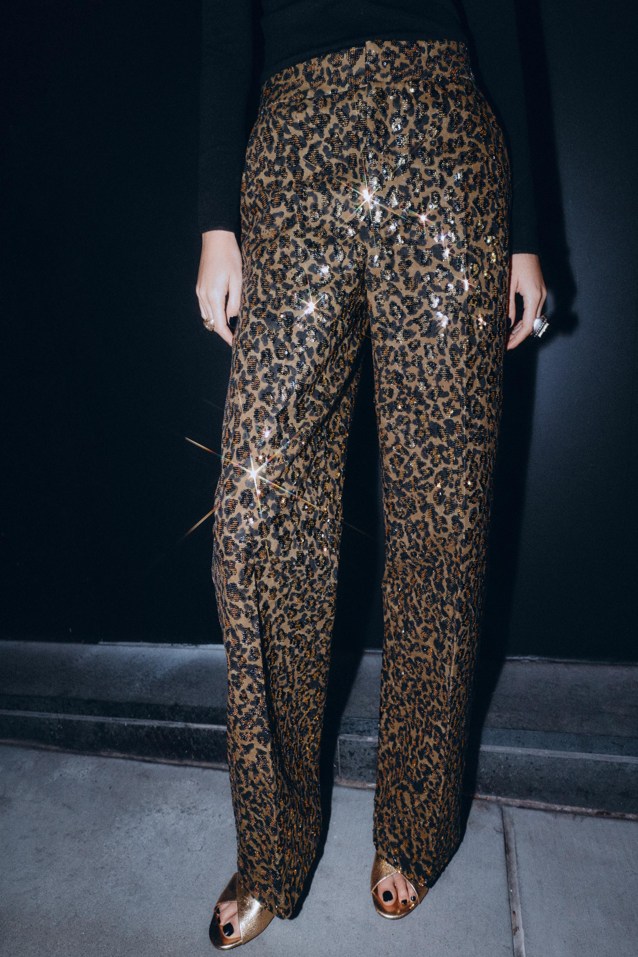 ANIMAL PRINT SEQUIN STRAIGHT LEG PANTS | Zara US