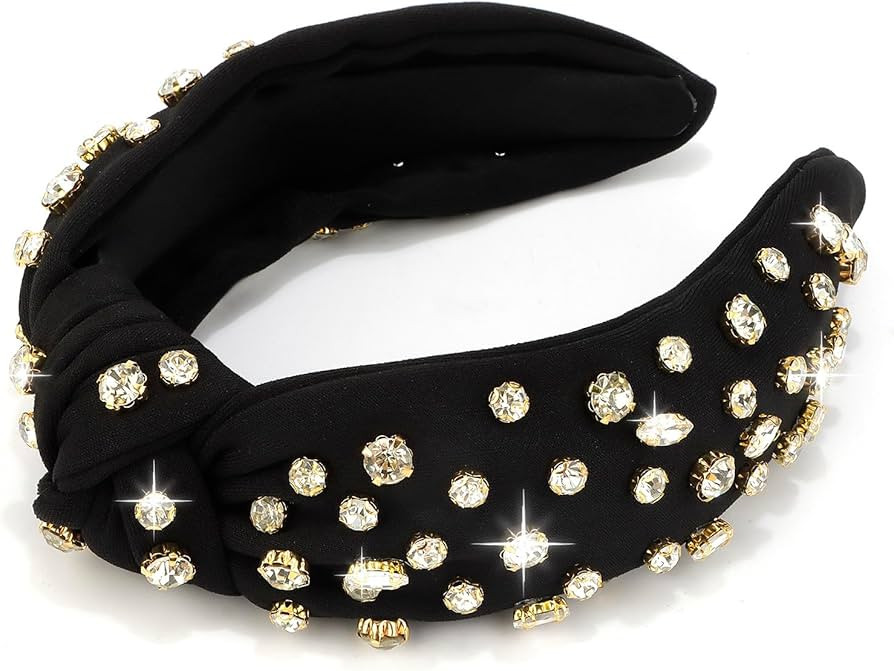 Wide Top Knot Headband, Black (Clear Rhinestones), Headband for Women's Hair, Sparkly Embellished... | Amazon (US)