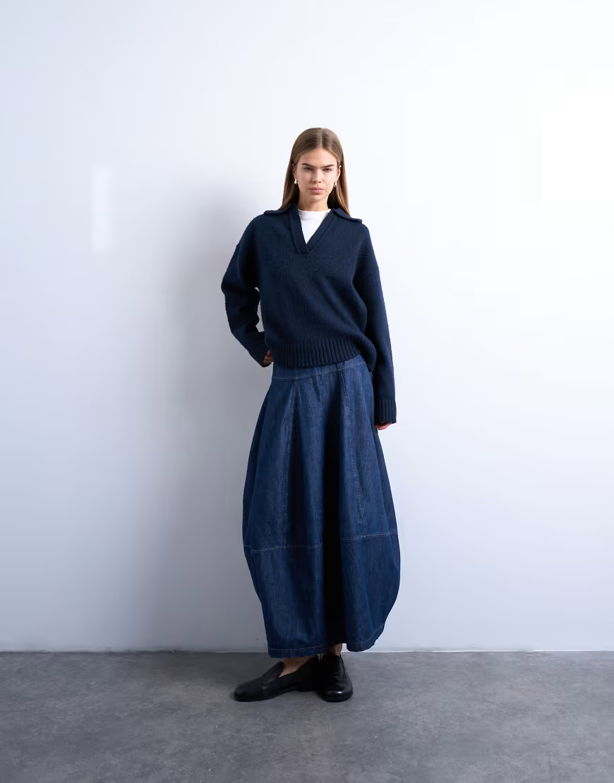Topshop denim seamed barrel maxi skirt in rich blue | ASOS (Global)