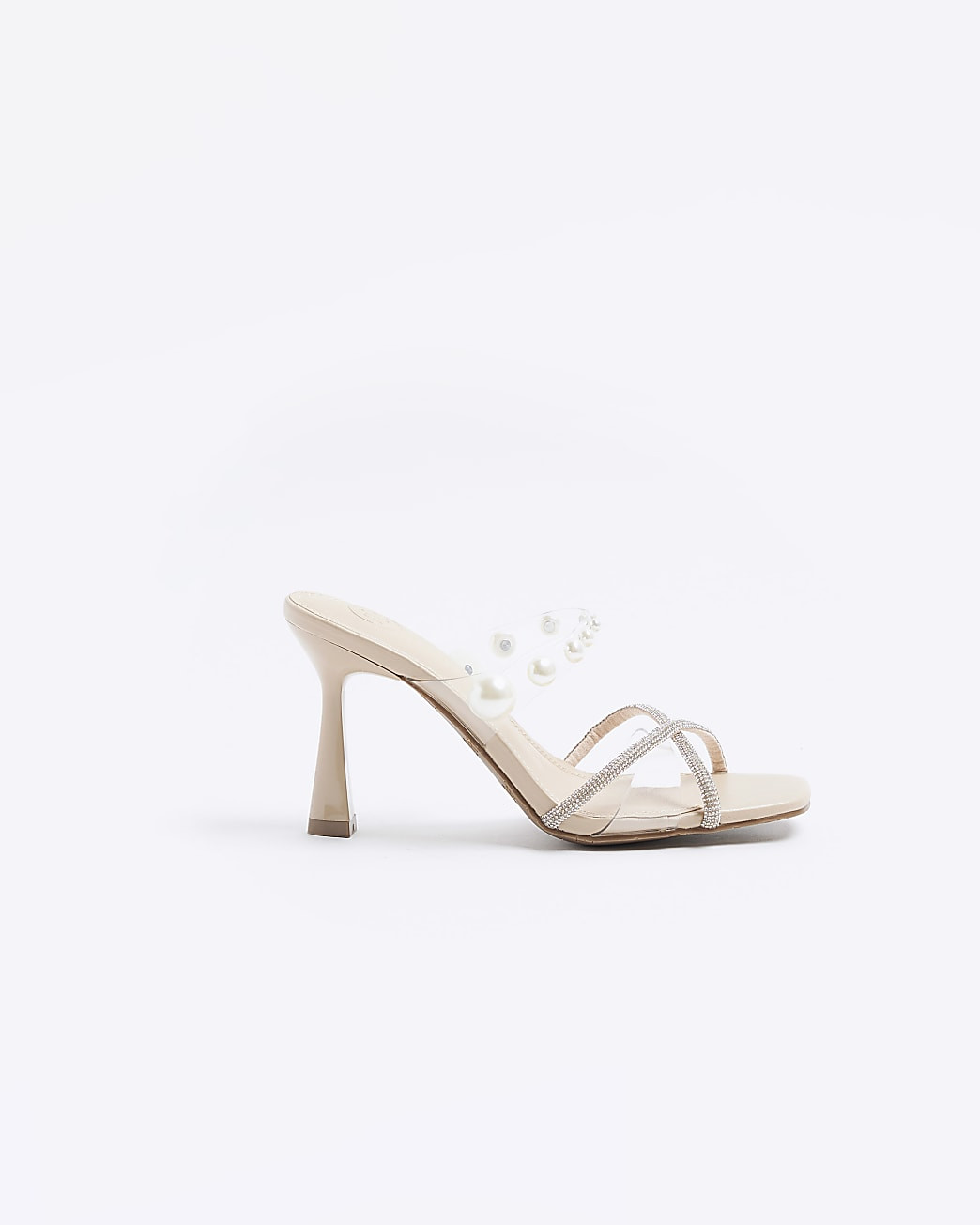 Beige pearl strap heeled mule sandals | River Island (UK & IE)