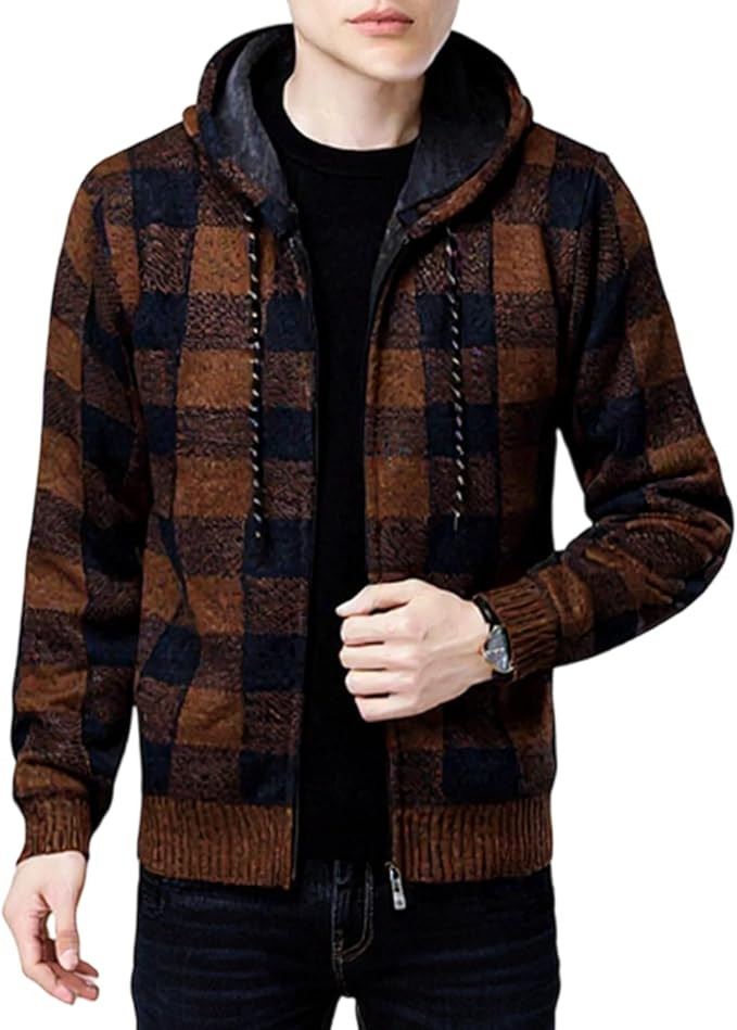Men's Loose Casual Thick Coats Checkered Big And Tall Hooded For Men Knitted Long Sleeve Sweater ... | Amazon (US)