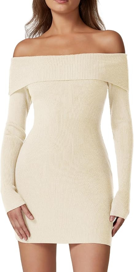 QINSEN Women's Off The Shoulder Ribbed Knit Sweater Dress Folded Neck Long Sleeve Mini Dress 2024... | Amazon (US)
