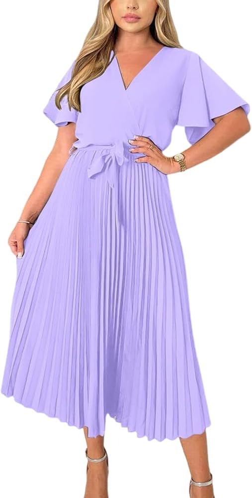 PRETTYGARDEN Women's Wrap V Neck Satin Dress Ruffle Short Sleeve Tie Waist Midi Dress Pleated A-L... | Amazon (US)