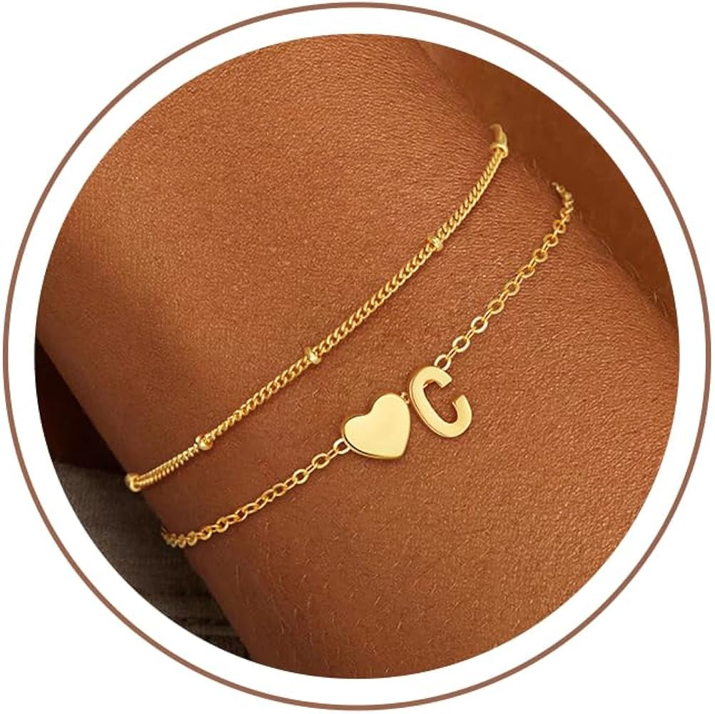 Easter Basket Stuffers Gifts for Kids Girls, 14K Gold Plated Heart Initial Bracelet Teen Girl Gif... | Amazon (US)