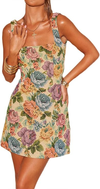 Women's Floral Jacquard Dresses Adjustable Strap Sundress A-Line Tank Mini Dress | Amazon (US)