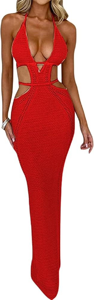 Women Sexy V Neck Bodycon Sweater Dress Knitted Halter Backless Hollow Out Waist Maxi Dress Party... | Amazon (US)