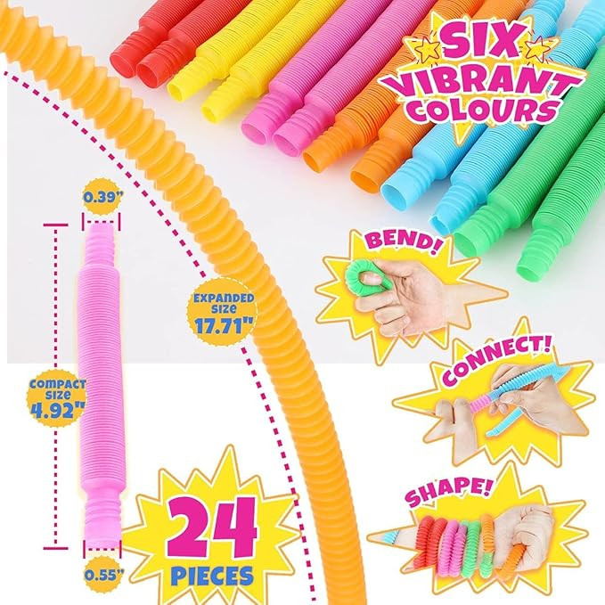 Pop Tubes Mini 24 Packs, Sensory Fidget Stretch Tubes Bulk Toys for Kindergarten, Stress Relief f... | Amazon (US)