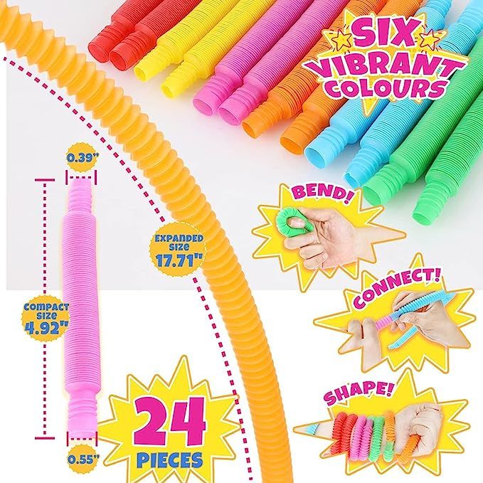 Pop Tubes Mini 24 Packs, Sensory Fidget Stretch Tubes Bulk Toys for Kindergarten, Stress Relief f... | Amazon (US)
