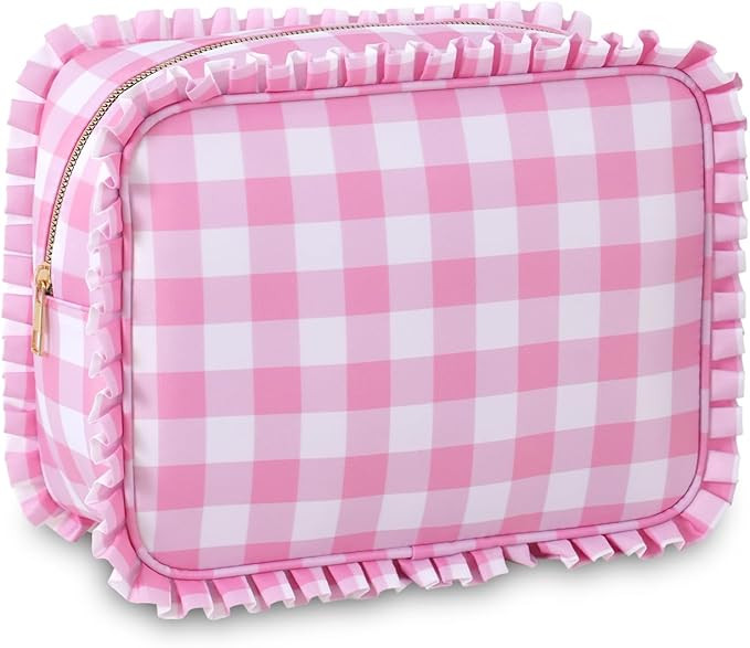 Gingham Ruffle Makeup Bag,Large Travel Cute Cosmetic Bag for Women Girls,Toiletry Bag Make up Org... | Amazon (US)