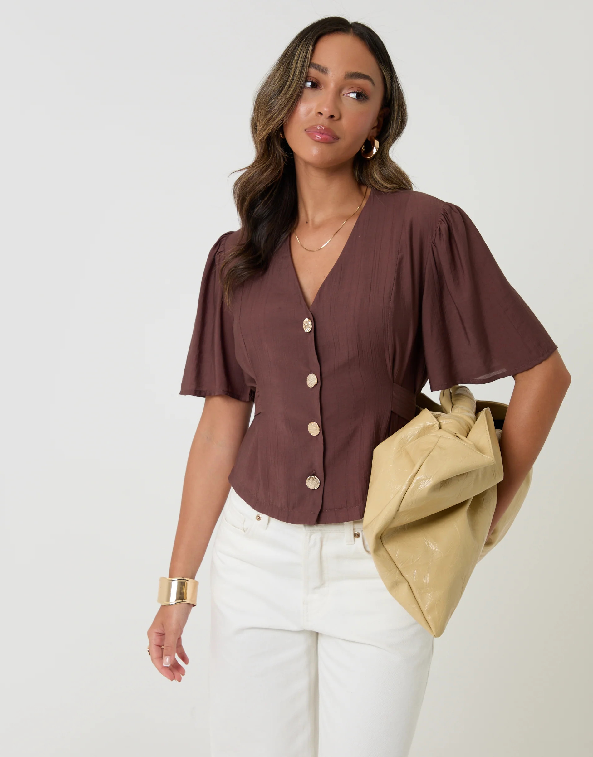 Chocolate Brown Flutter Sleeve Tie-Back Top | Threadbare