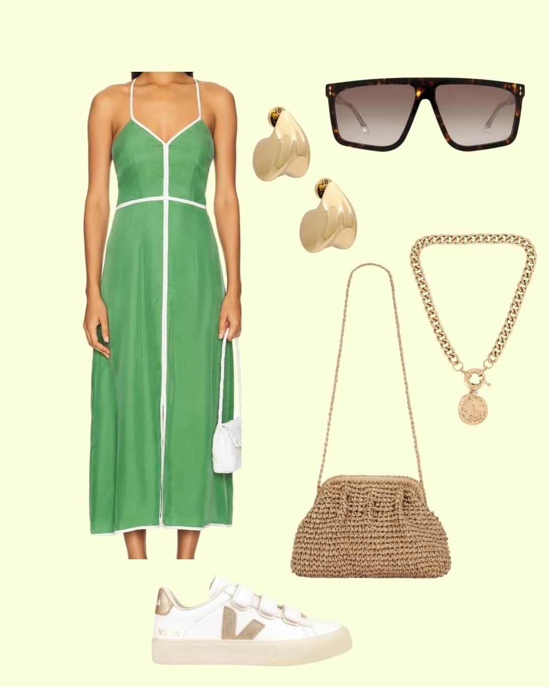 Comfy, classy, & the perfect summer green 💚 

green summer dress, Veja outfit inspo, casual luxe look, day to night outfit, Euro summer outfit, gold and green outfit, vacation style inspo, wearable color pop, raffia bag outfit, travel day outfit, chic and comfy summer outfit, dress with sneakers, minimal accessories look

#LTKSummerEdit #LTKU #LTKStyleTip