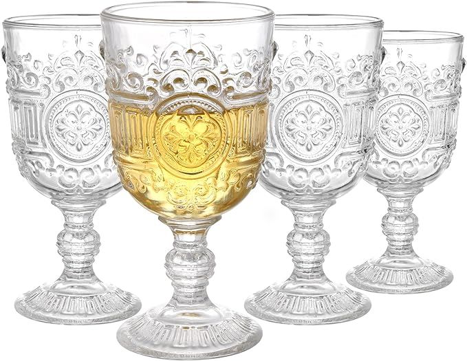 Hacaroa 4 Pack 10 Oz Wine Glasses Goblets, Embossed Stem Water Glasses Clear Vintage Iced Beverag... | Amazon (CA)