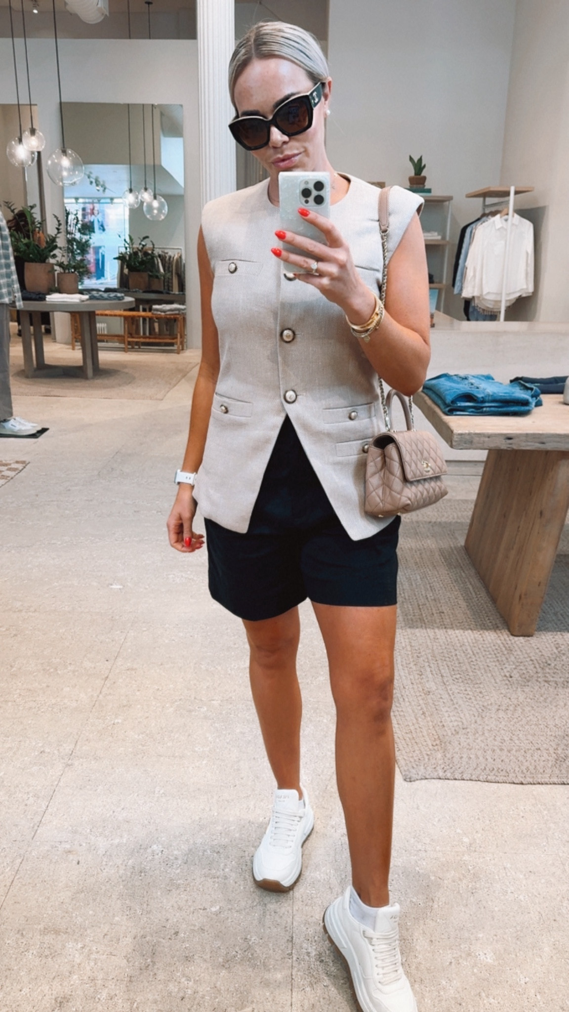 This Vest top + pleated Bermuda style shorts were perfect for shopping and lunch in soho! 🛍️ 

These linen shorts are so light and comfortable and still 30% off! Wearing a 4 in both the vest and shorts. 

#LTKautumn #LTKworkwear #LTKsale